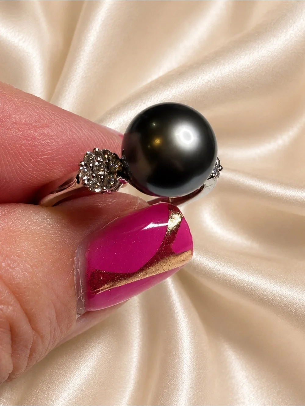STS 925 Sterling Silver Tahitian Black Cultured Pearl Genuine Diamond Ring Sz 8